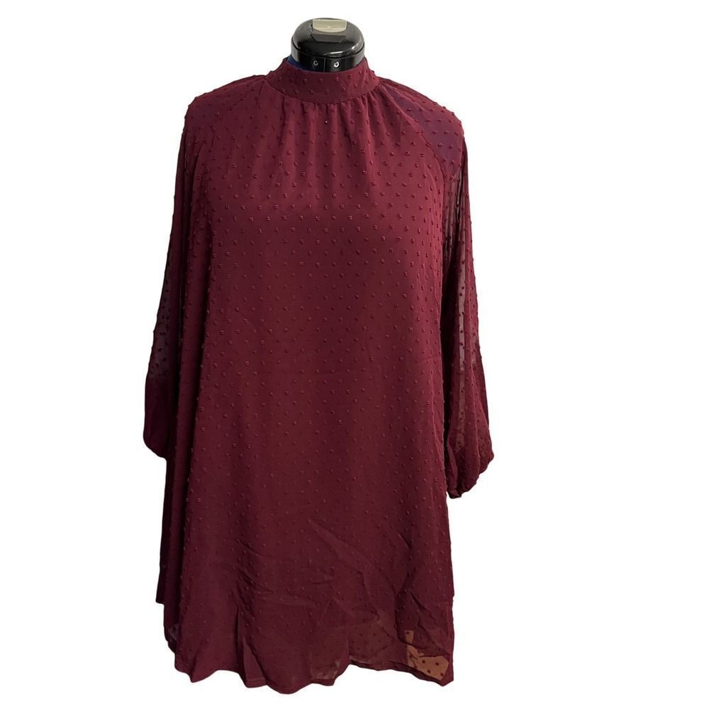 BBX Lephsnt  Burgundy Long‎ Sleeve Lined Trapeze Dot Dress Size Small NWT